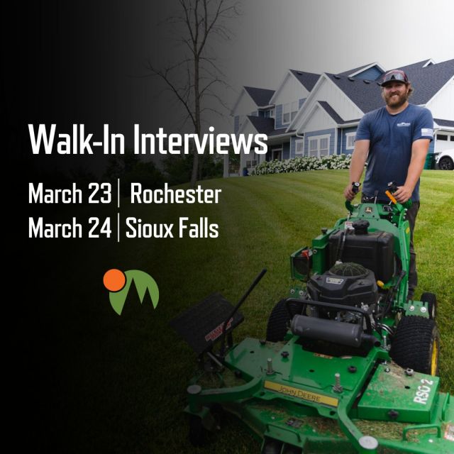 We're so excited to kick off our 2023 spring + summer season! This week, we're hosting walk-in interview events in Rochester, MN, and Sioux Falls, SD. 

Please share with anyone who may want to join our landscape or maintenance team this year!

More info at the link in our bio.