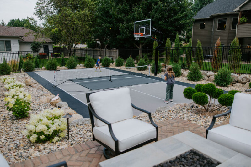 backyard pickleball and basketball court