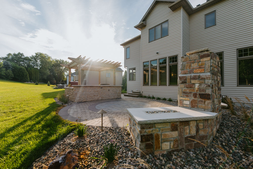 remodeled backyard with pergola, patio, firepit