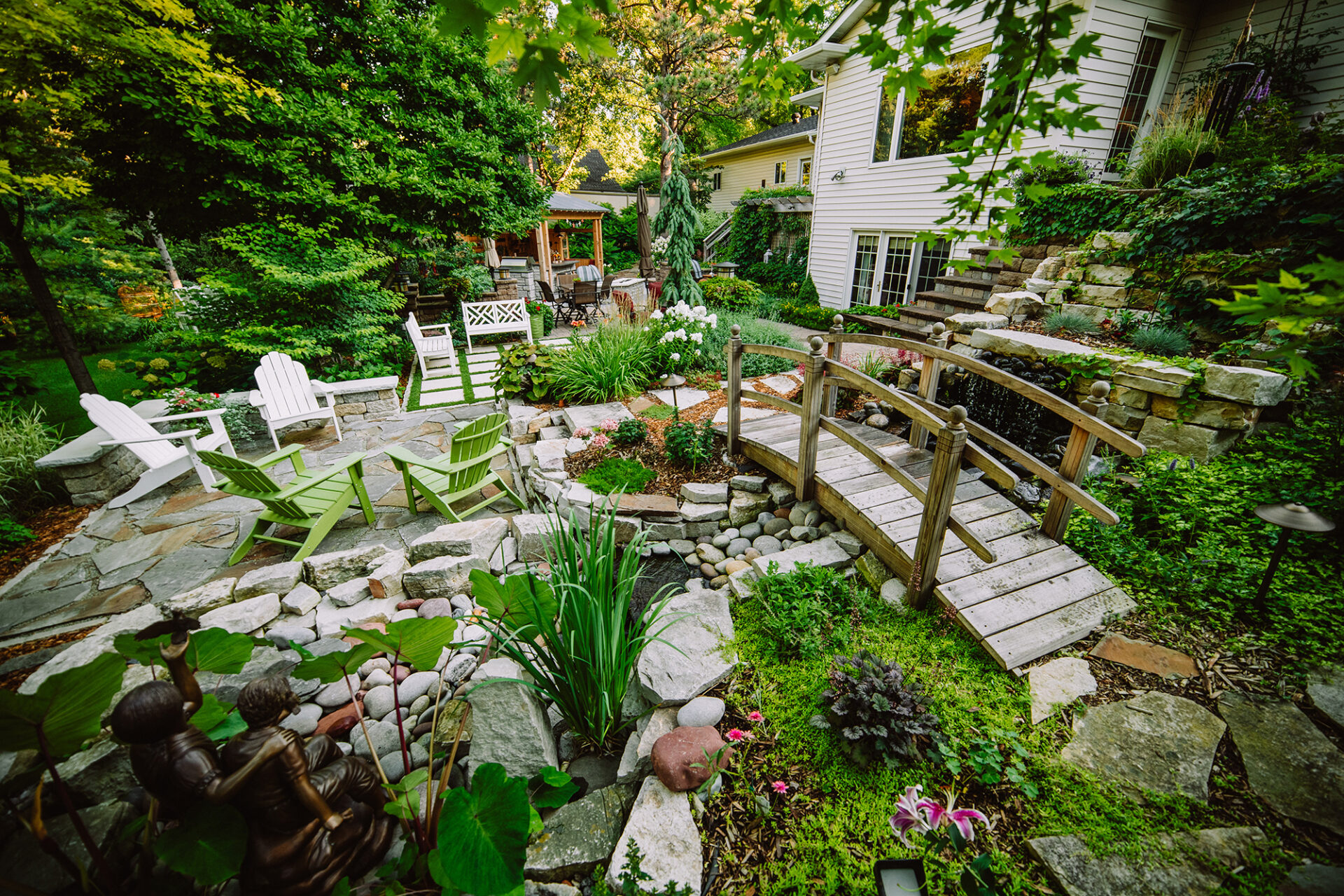 backyard garden with bridge