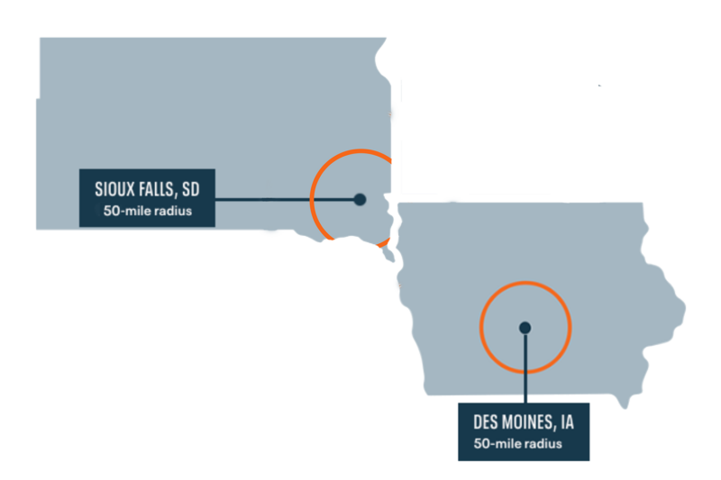 Weller Brothers Landscape Professionals service map of South Dakota and Iowa